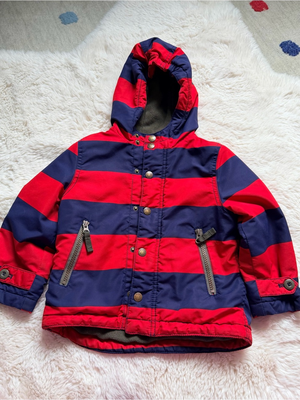 MiniBoden Red & Navy Striped Hooded Water Resistant Jacket